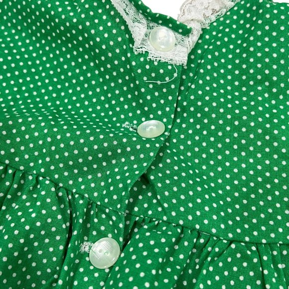 Vintage Handmade Girls Green Polka Dot Spring Dress Lace Trim Front Pockets - Picture 3 of 8